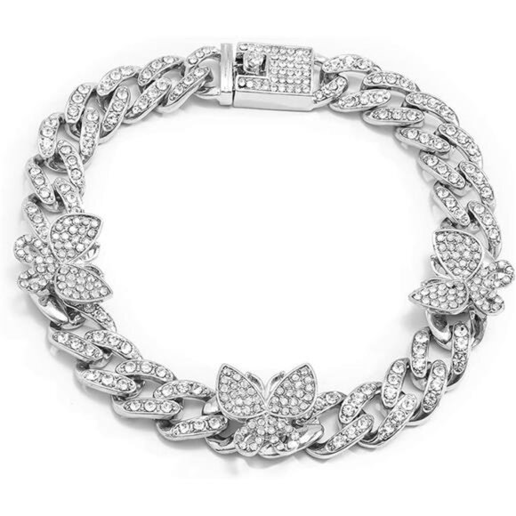 Shiny Rhinestone Butterfly Anklet Hip Hop Cuban Link Ankle Chain Bracelet - Picture 1 of 7
